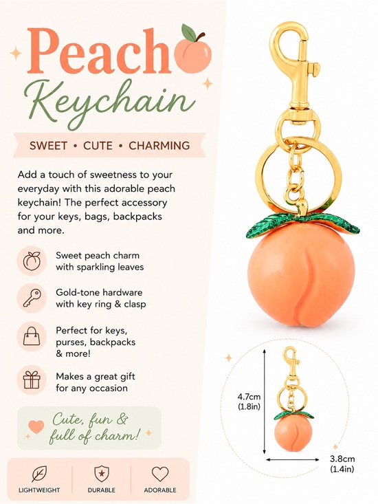 Unbranded Accessories - Peach Keychain or Bag Charm with Gold Hardware